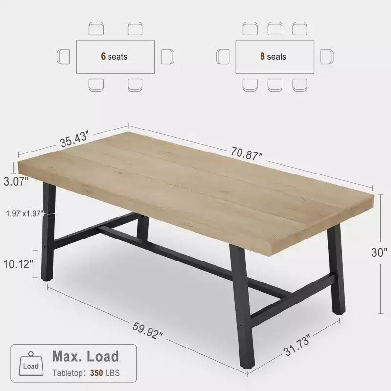 Table à manger pour 6-8 personnes, table de cuisine rectangulaire de 200 cm, tables de cuisine industrielles en bois de style rustique avec cadre métallique robuste, pour bureau et maison
