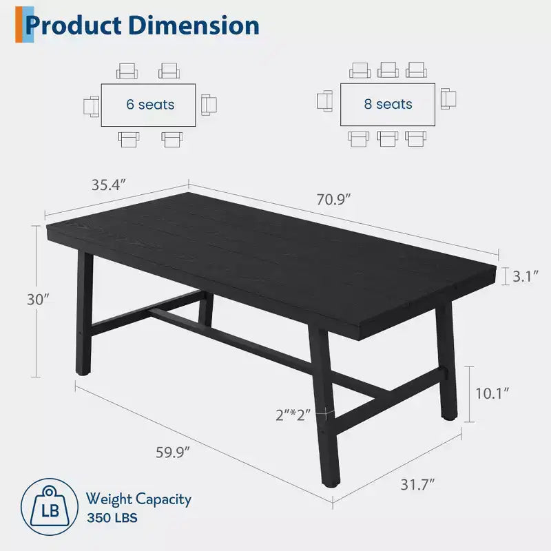 Table à manger pour 6-8 personnes, table de cuisine rectangulaire de 200 cm, tables de cuisine industrielles en bois de style rustique avec cadre métallique robuste, pour bureau et maison