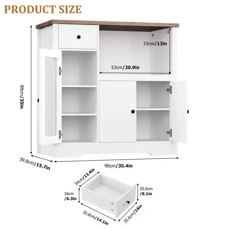 Meuble de cuisine pour micro-ondes, blanc et noyer - Buffet de rangement à 3 portes avec étagères réglables pour salle à manger, salon et couloir