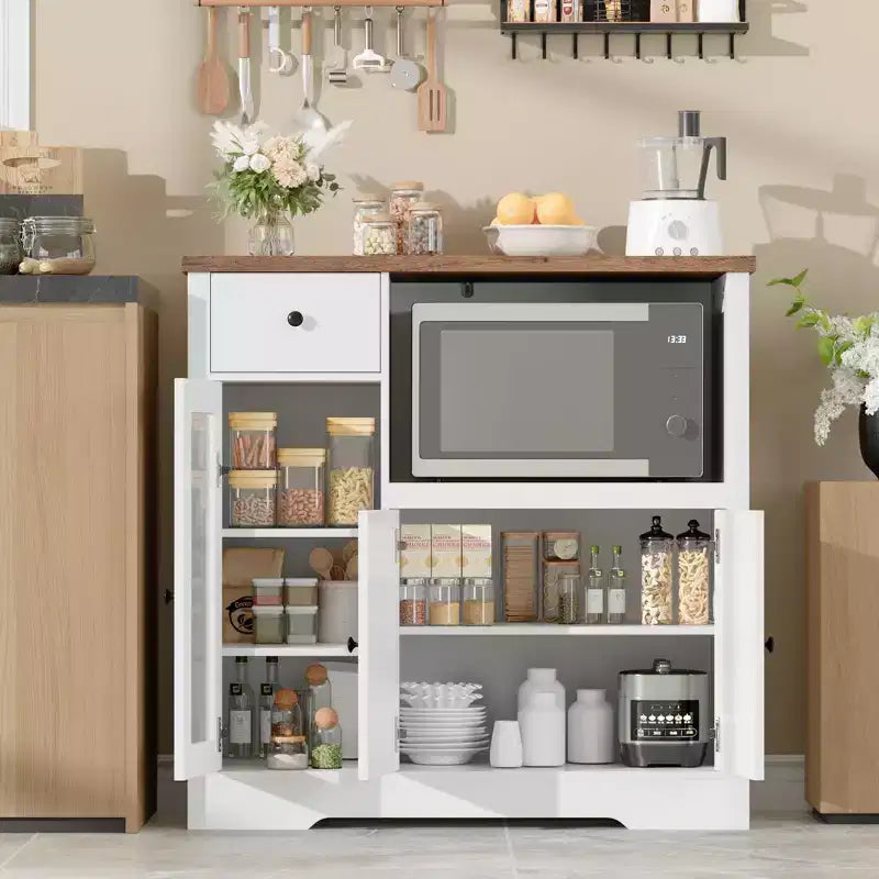 Meuble de cuisine pour micro-ondes, blanc et noyer - Buffet de rangement à 3 portes avec étagères réglables pour salle à manger, salon et couloir