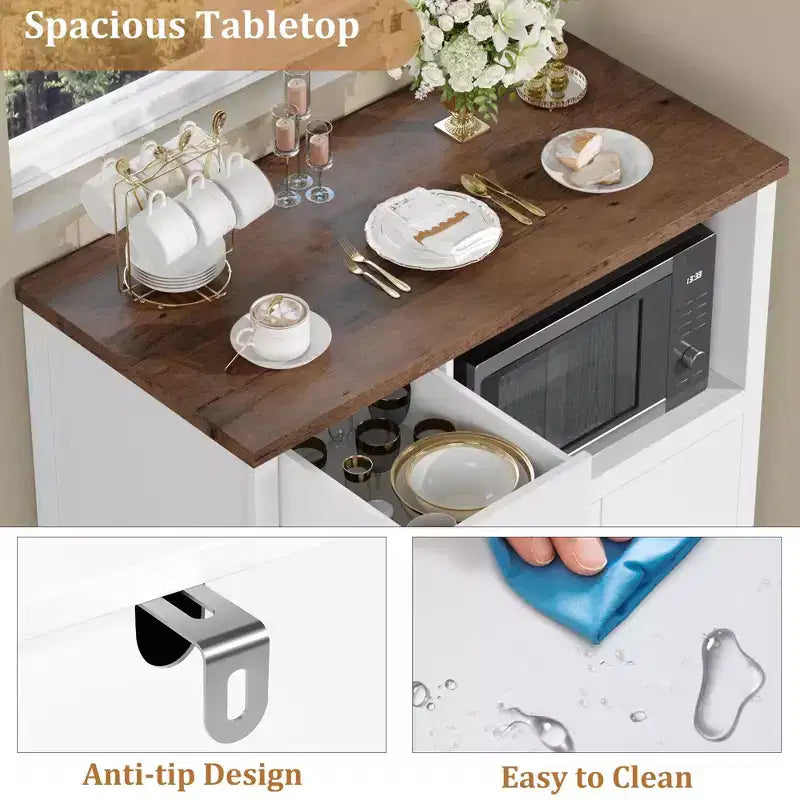 Meuble de cuisine pour micro-ondes, blanc et noyer - Buffet de rangement à 3 portes avec étagères réglables pour salle à manger, salon et couloir
