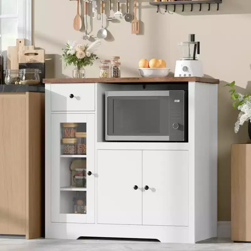 Meuble de cuisine pour micro-ondes, blanc et noyer - Buffet de rangement à 3 portes avec étagères réglables pour salle à manger, salon et couloir