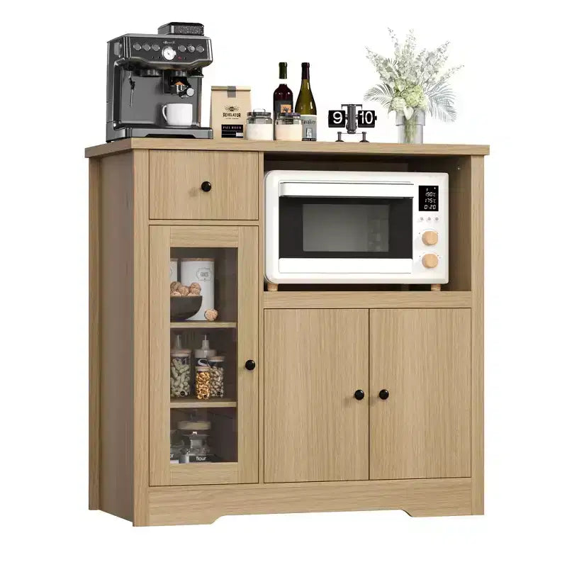 Meuble de cuisine pour micro-ondes, blanc et noyer - Buffet de rangement à 3 portes avec étagères réglables pour salle à manger, salon et couloir