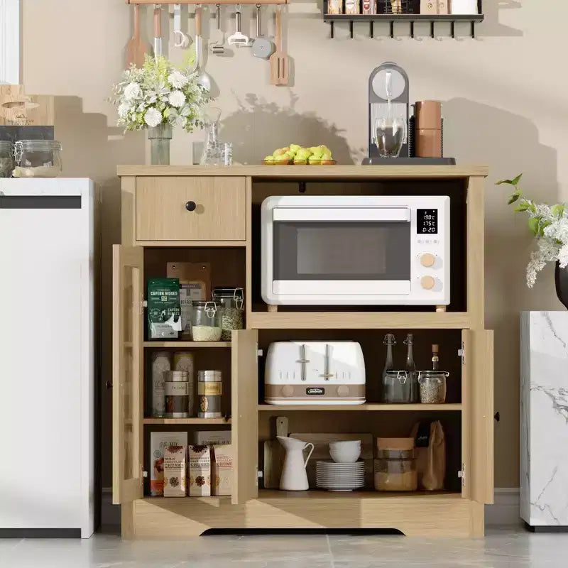 Meuble de cuisine pour micro-ondes, blanc et noyer - Buffet de rangement à 3 portes avec étagères réglables pour salle à manger, salon et couloir