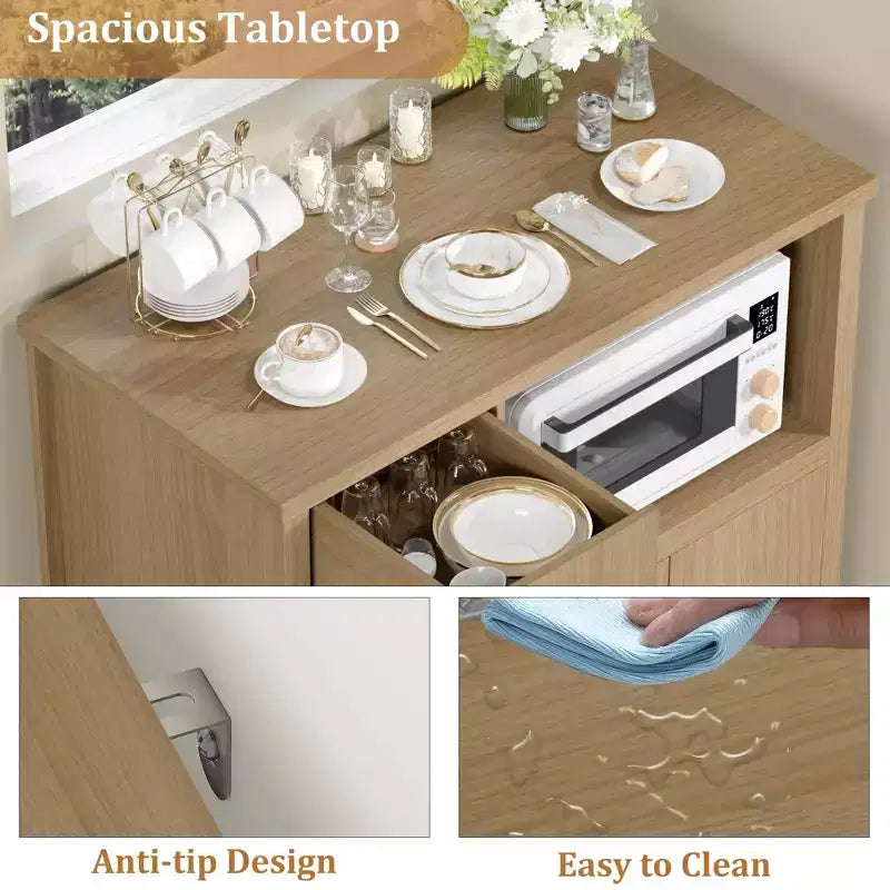 Meuble de cuisine pour micro-ondes, blanc et noyer - Buffet de rangement à 3 portes avec étagères réglables pour salle à manger, salon et couloir