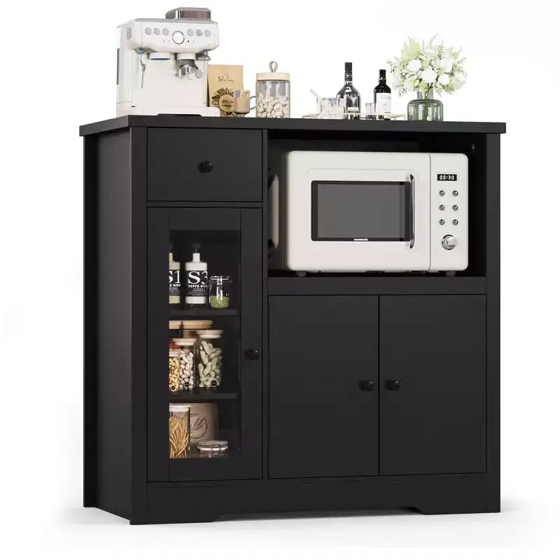 Meuble de cuisine pour micro-ondes, blanc et noyer - Buffet de rangement à 3 portes avec étagères réglables pour salle à manger, salon et couloir