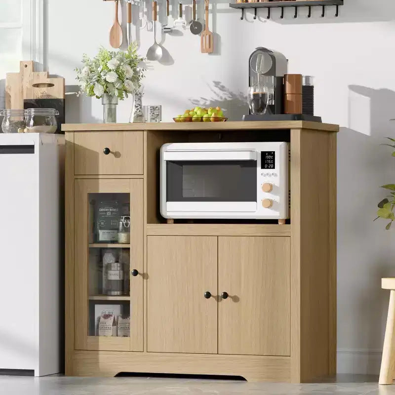 Meuble de cuisine pour micro-ondes, blanc et noyer - Buffet de rangement à 3 portes avec étagères réglables pour salle à manger, salon et couloir