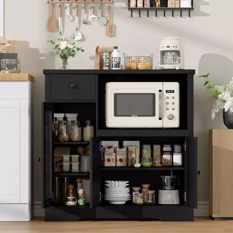 Meuble de cuisine pour micro-ondes, blanc et noyer - Buffet de rangement à 3 portes avec étagères réglables pour salle à manger, salon et couloir