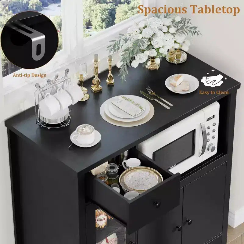 Meuble de cuisine pour micro-ondes, blanc et noyer - Buffet de rangement à 3 portes avec étagères réglables pour salle à manger, salon et couloir