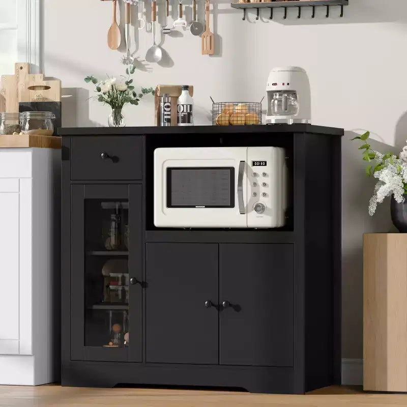 Meuble de cuisine pour micro-ondes, blanc et noyer - Buffet de rangement à 3 portes avec étagères réglables pour salle à manger, salon et couloir