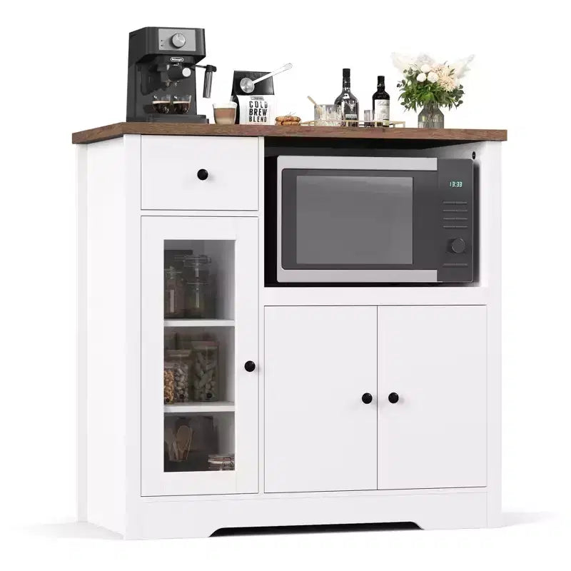 Meuble de cuisine pour micro-ondes, blanc et noyer - Buffet de rangement à 3 portes avec étagères réglables pour salle à manger, salon et couloir