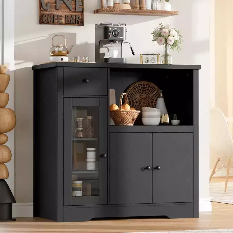 White & Walnut Kitchen Microwave Cabinet - 3-Door Pantry Storage Buffet with Adjustable Shelves for Dining Room, Living Room & Hallway