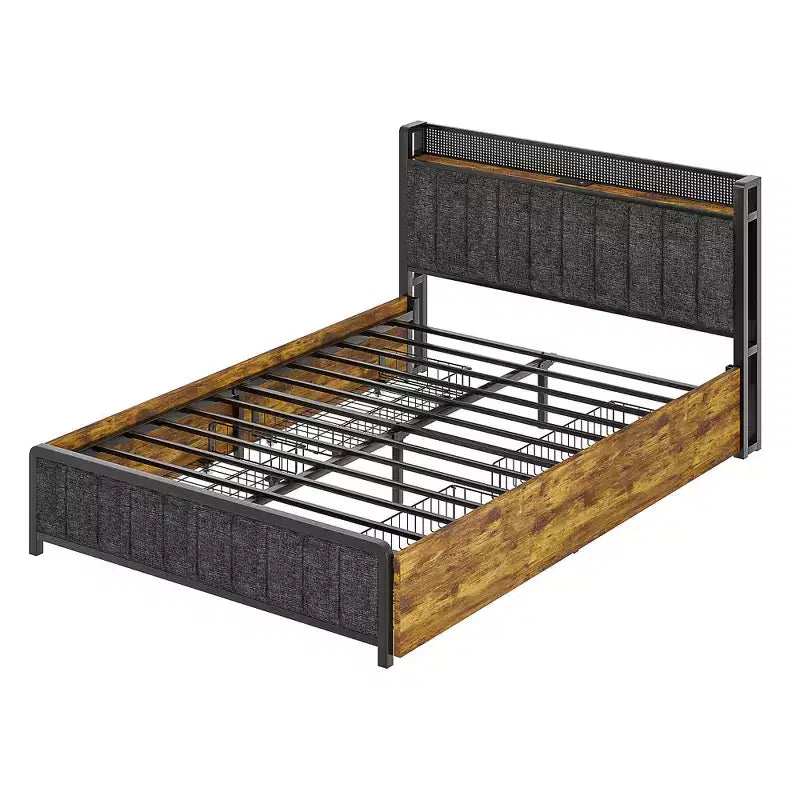 Lit de rangement relevable VECELO double/grand format rembourré, cadre de lit plateforme en métal avec tête de lit éclairée, ports USB et étagères, marron/gris