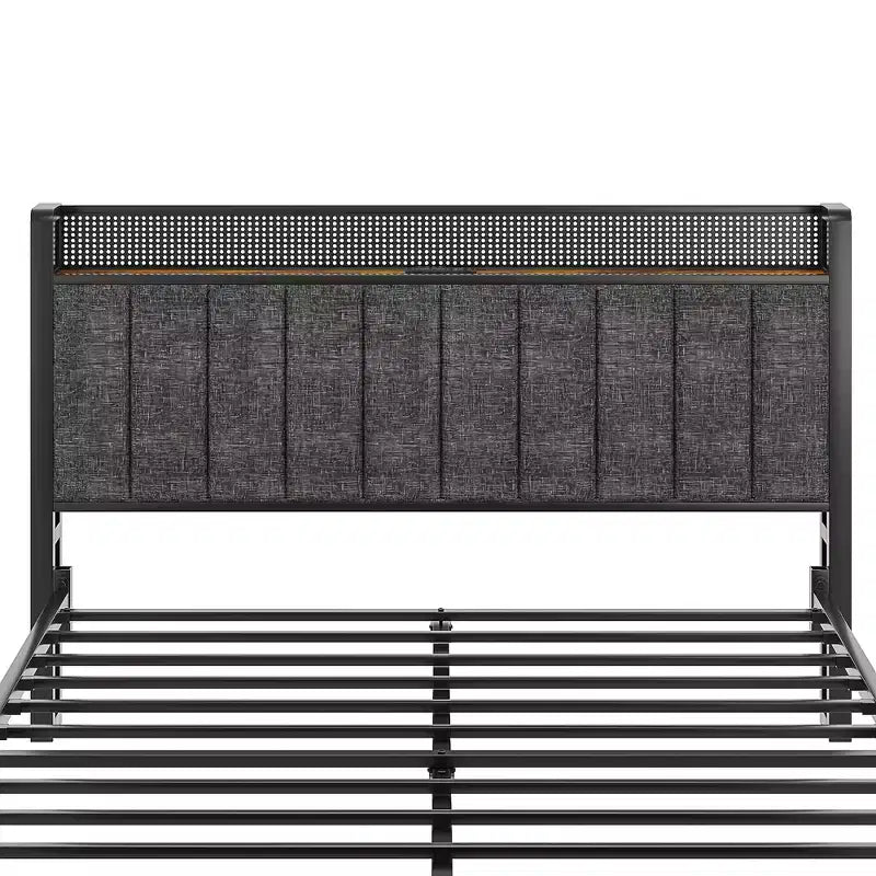 Lit de rangement relevable VECELO double/grand format rembourré, cadre de lit plateforme en métal avec tête de lit éclairée, ports USB et étagères, marron/gris
