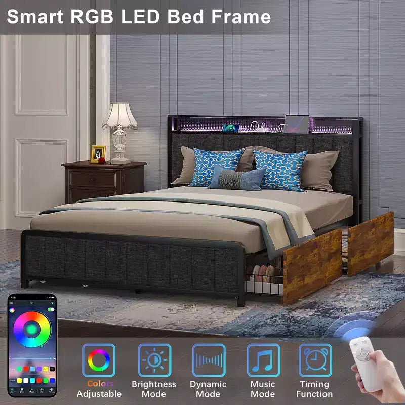 Lit de rangement relevable VECELO double/grand format rembourré, cadre de lit plateforme en métal avec tête de lit éclairée, ports USB et étagères, marron/gris
