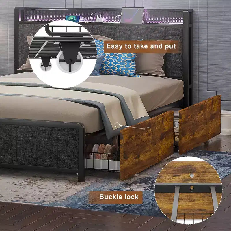 Lit de rangement relevable VECELO double/grand format rembourré, cadre de lit plateforme en métal avec tête de lit éclairée, ports USB et étagères, marron/gris