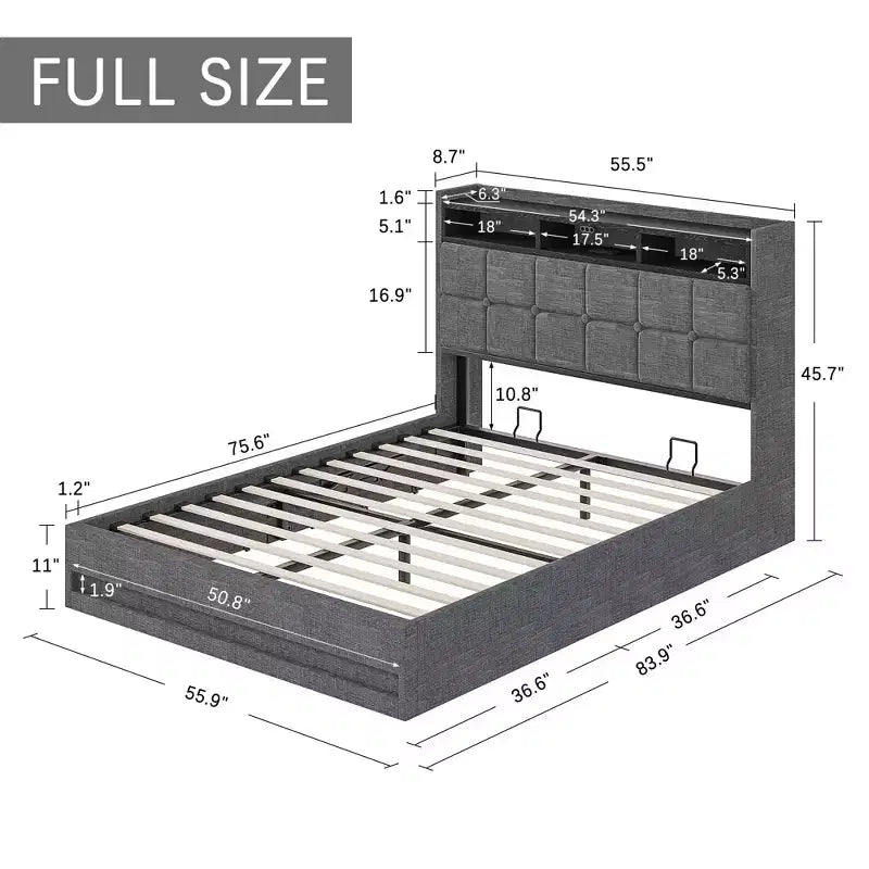Lit de rangement relevable VECELO double/grand format rembourré, cadre de lit plateforme en métal avec tête de lit éclairée, ports USB et étagères, marron/gris