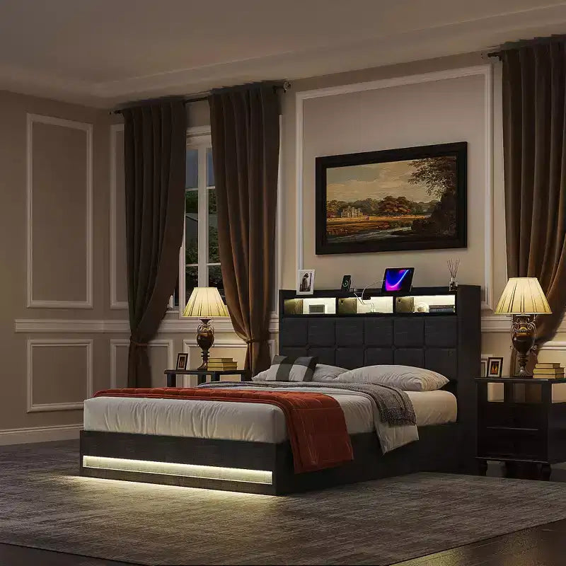 Lit de rangement relevable VECELO double/grand format rembourré, cadre de lit plateforme en métal avec tête de lit éclairée, ports USB et étagères, marron/gris