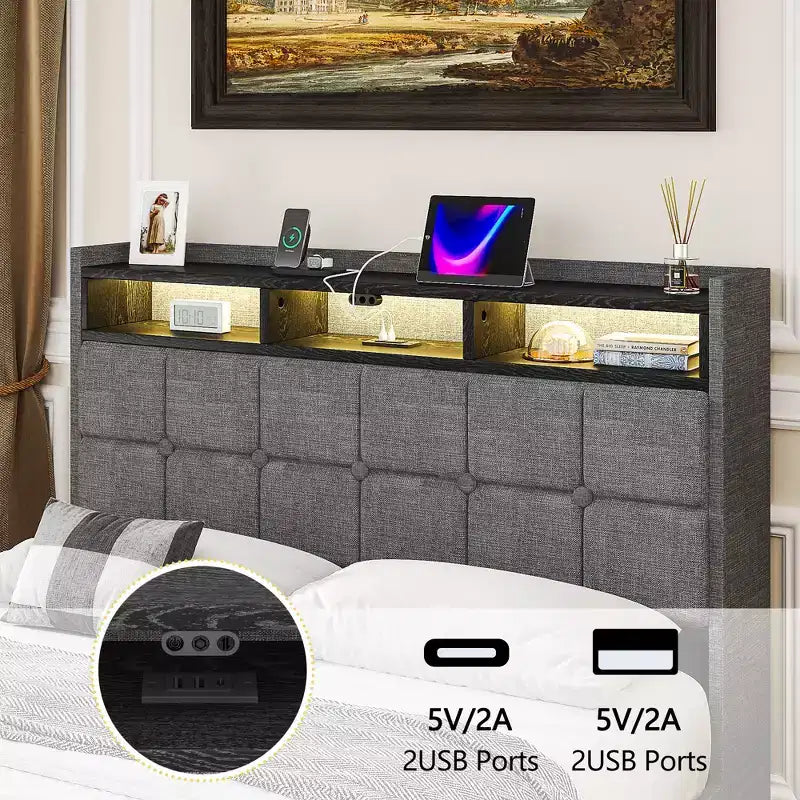 Lit de rangement relevable VECELO double/grand format rembourré, cadre de lit plateforme en métal avec tête de lit éclairée, ports USB et étagères, marron/gris