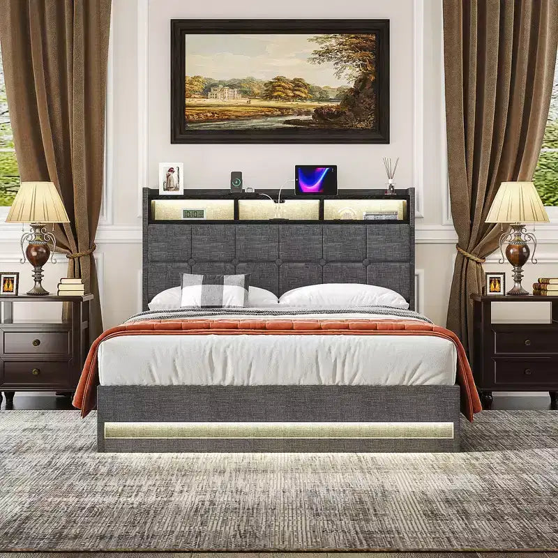 Lit de rangement relevable VECELO double/grand format rembourré, cadre de lit plateforme en métal avec tête de lit éclairée, ports USB et étagères, marron/gris