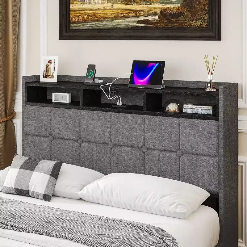 Lit de rangement relevable VECELO double/grand format rembourré, cadre de lit plateforme en métal avec tête de lit éclairée, ports USB et étagères, marron/gris