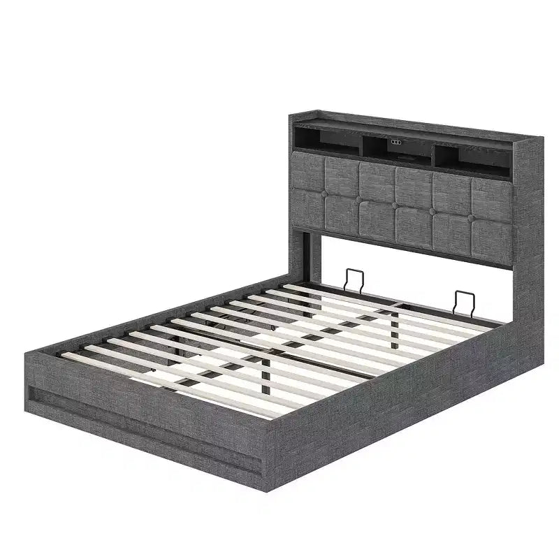 Lit de rangement relevable VECELO double/grand format rembourré, cadre de lit plateforme en métal avec tête de lit éclairée, ports USB et étagères, marron/gris