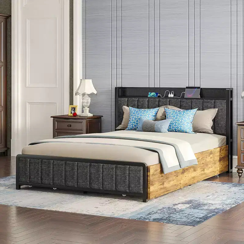 Lit de rangement relevable VECELO double/grand format rembourré, cadre de lit plateforme en métal avec tête de lit éclairée, ports USB et étagères, marron/gris