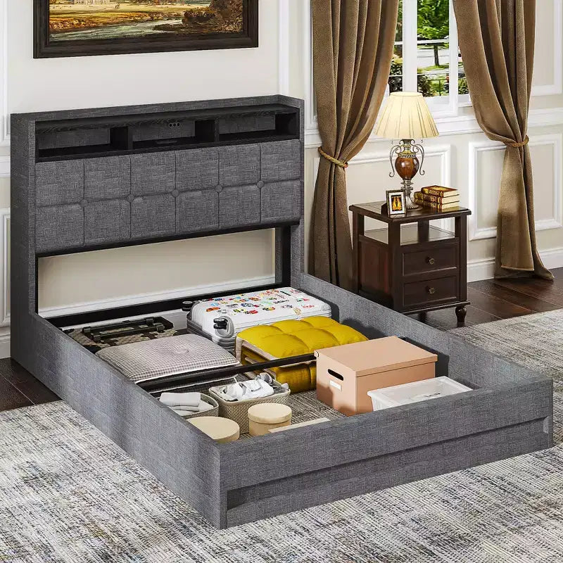 Lit de rangement relevable VECELO double/grand format rembourré, cadre de lit plateforme en métal avec tête de lit éclairée, ports USB et étagères, marron/gris
