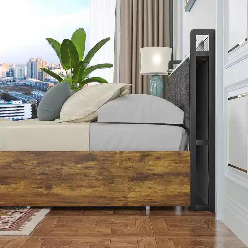 Lit de rangement relevable VECELO double/grand format rembourré, cadre de lit plateforme en métal avec tête de lit éclairée, ports USB et étagères, marron/gris