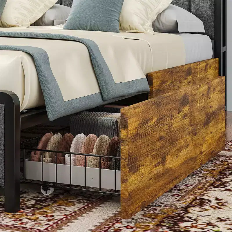 Lit de rangement relevable VECELO double/grand format rembourré, cadre de lit plateforme en métal avec tête de lit éclairée, ports USB et étagères, marron/gris