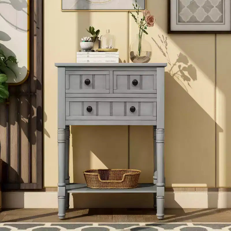 Petite table console de ferme avec rangement, table d'entrée rétro en bois avec tiroirs et étagère inférieure, table d'appoint mince en bois pour entrée