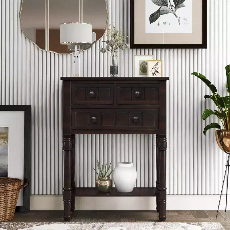 Petite table console de ferme avec rangement, table d'entrée rétro en bois avec tiroirs et étagère inférieure, table d'appoint mince en bois pour entrée
