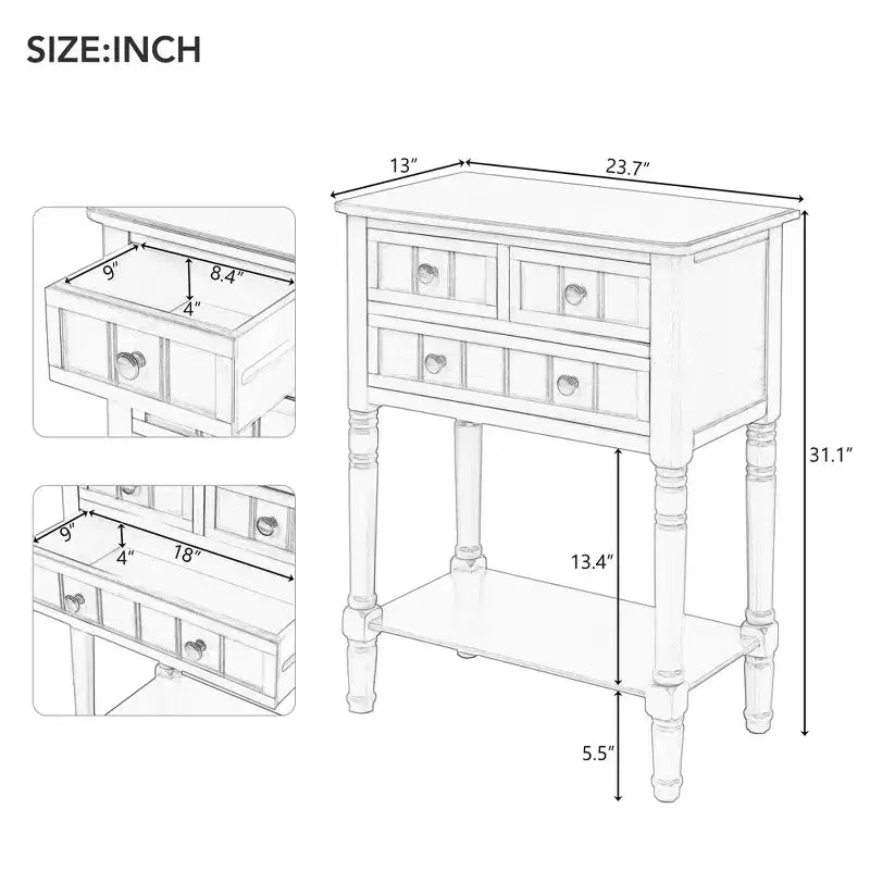 Petite table console de ferme avec rangement, table d'entrée rétro en bois avec tiroirs et étagère inférieure, table d'appoint mince en bois pour entrée