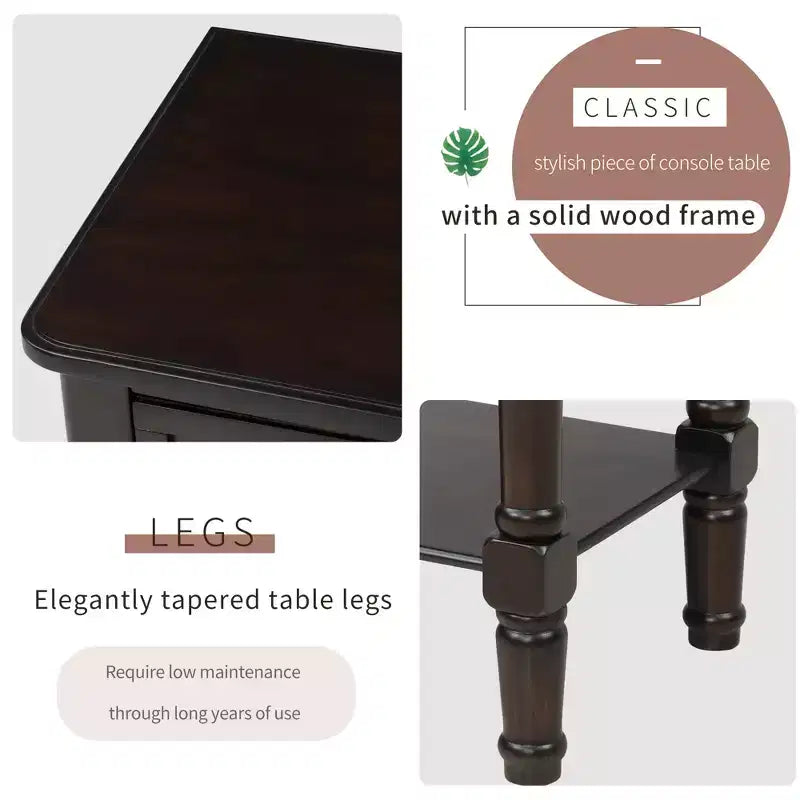 Petite table console de ferme avec rangement, table d'entrée rétro en bois avec tiroirs et étagère inférieure, table d'appoint mince en bois pour entrée