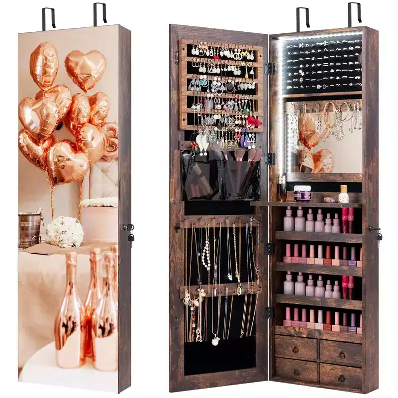 Meuble à Bijoux Miroir Costway avec 96 LED, à Suspendre au Mur ou à la Porte, Armoire avec Rangement Maquillage