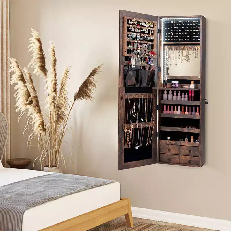 Meuble à Bijoux Miroir Costway avec 96 LED, à Suspendre au Mur ou à la Porte, Armoire avec Rangement Maquillage