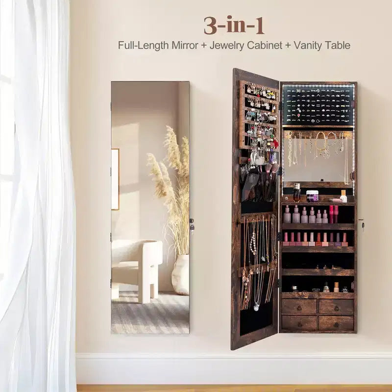 Meuble à Bijoux Miroir Costway avec 96 LED, à Suspendre au Mur ou à la Porte, Armoire avec Rangement Maquillage