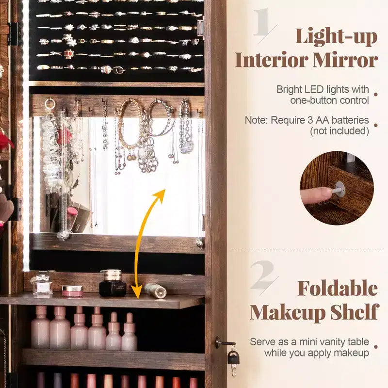 Meuble à Bijoux Miroir Costway avec 96 LED, à Suspendre au Mur ou à la Porte, Armoire avec Rangement Maquillage