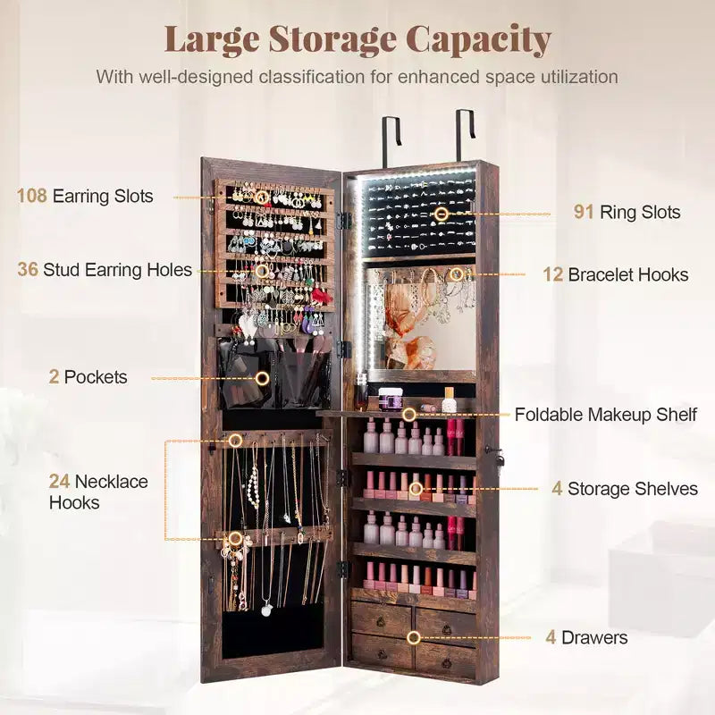 Meuble à Bijoux Miroir Costway avec 96 LED, à Suspendre au Mur ou à la Porte, Armoire avec Rangement Maquillage
