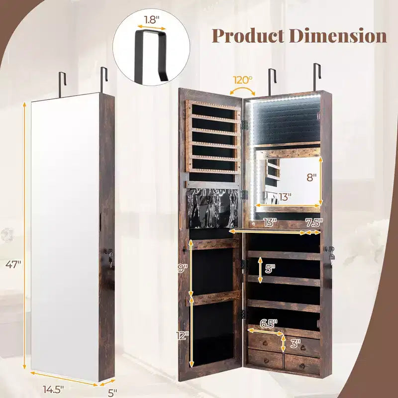 Meuble à Bijoux Miroir Costway avec 96 LED, à Suspendre au Mur ou à la Porte, Armoire avec Rangement Maquillage