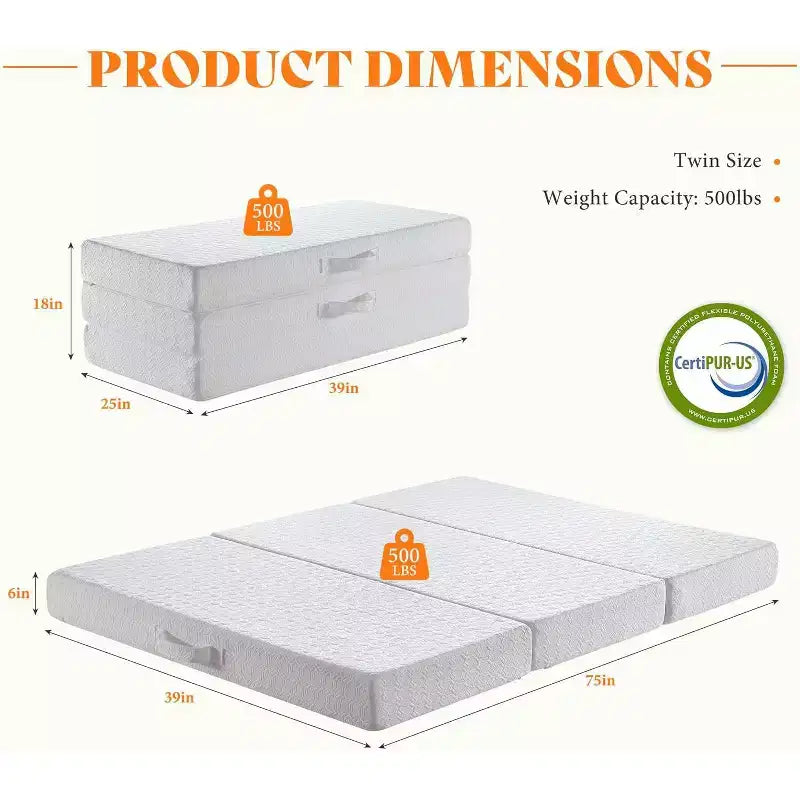 AMERLIFE Matelas en mousse à mémoire de forme pliable en 3, 6 pouces, avec housse amovible et lavable, pour invités, camping, dortoir et voyage, blanc