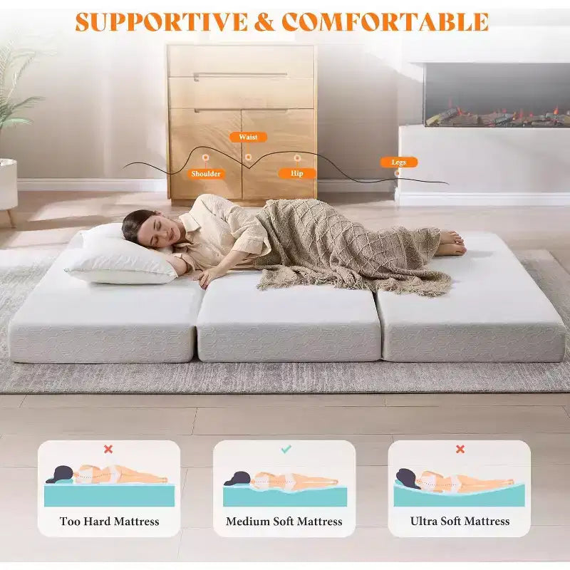 AMERLIFE Matelas en mousse à mémoire de forme pliable en 3, 6 pouces, avec housse amovible et lavable, pour invités, camping, dortoir et voyage, blanc