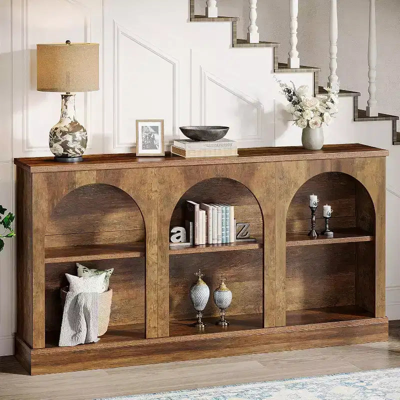 Console de ferme Lantine, table d'entrée de 160 cm de long avec 3 niveaux de rangement, table de canapé en bois pour le salon