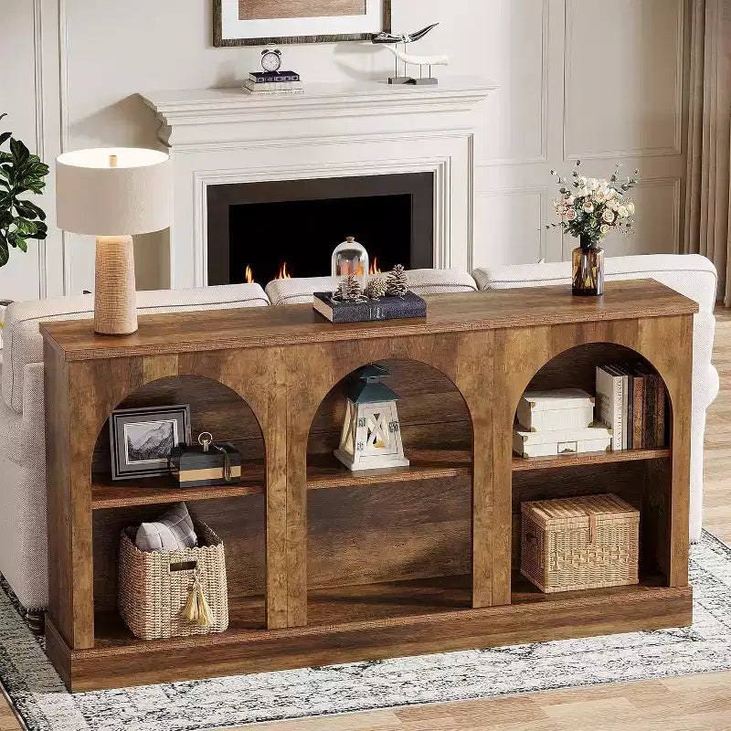 Console de ferme Lantine, table d'entrée de 160 cm de long avec 3 niveaux de rangement, table de canapé en bois pour le salon