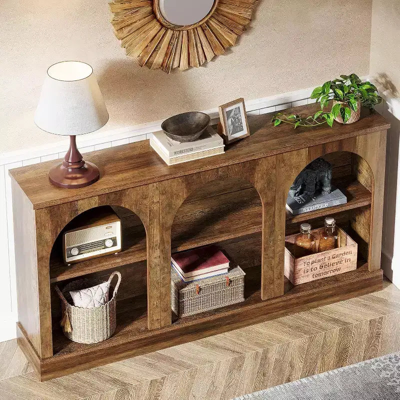Console de ferme Lantine, table d'entrée de 160 cm de long avec 3 niveaux de rangement, table de canapé en bois pour le salon