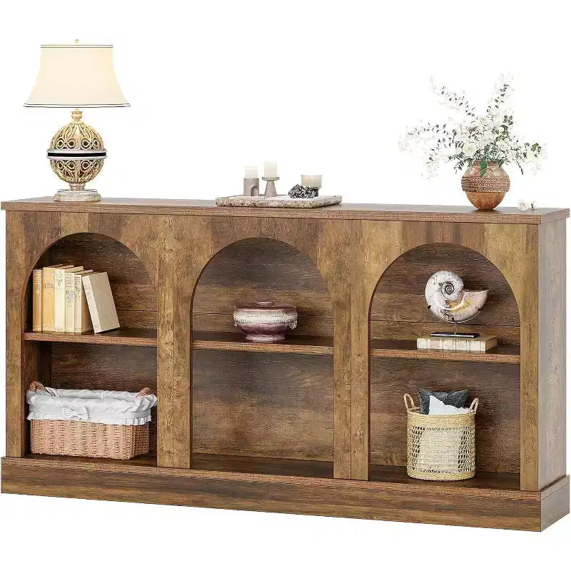 Console de ferme Lantine, table d'entrée de 160 cm de long avec 3 niveaux de rangement, table de canapé en bois pour le salon