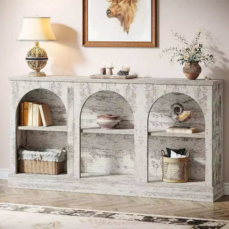 Console de ferme Lantine, table d'entrée de 160 cm de long avec 3 niveaux de rangement, table de canapé en bois pour le salon