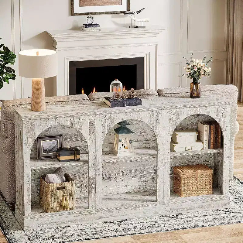 Console de ferme Lantine, table d'entrée de 160 cm de long avec 3 niveaux de rangement, table de canapé en bois pour le salon