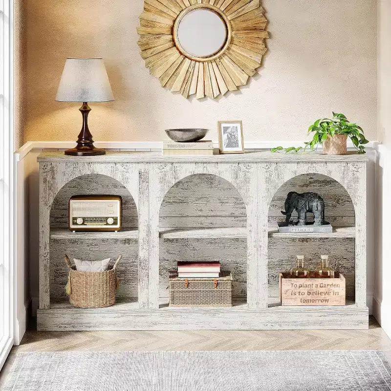 Console de ferme Lantine, table d'entrée de 160 cm de long avec 3 niveaux de rangement, table de canapé en bois pour le salon