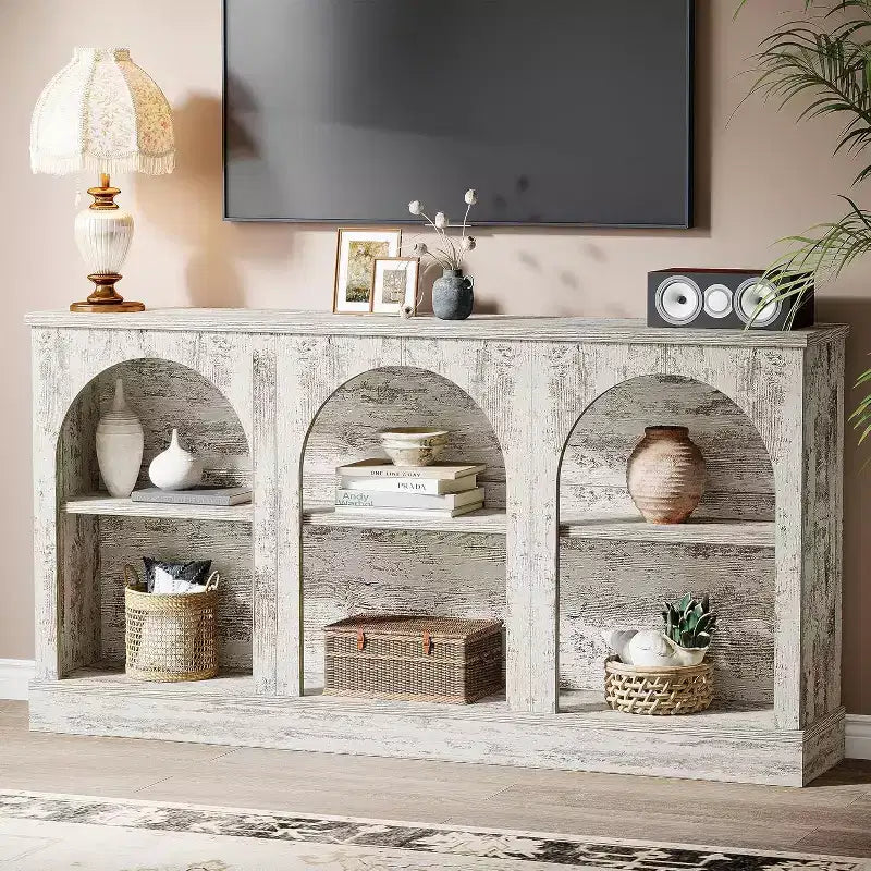 Console de ferme Lantine, table d'entrée de 160 cm de long avec 3 niveaux de rangement, table de canapé en bois pour le salon